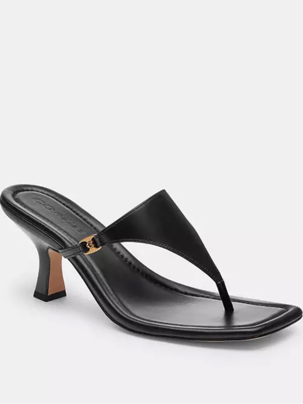 NWT Coach Heritage C Plaque Black Leather Mid-Heel Thong Sandal with Gold Accent